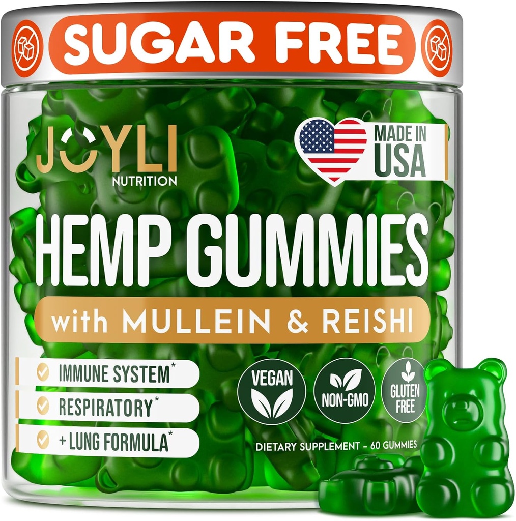 JOYLI Hanfgummis - Natural Lung Cleanse mit Mullein Leaf & Reishi Mushroom - Extra Strength Clean Lung Support Supplement mit Vitaminen A, C, D & E - Sugar-Free, Vegan, Non-GMO - 60 Edibles