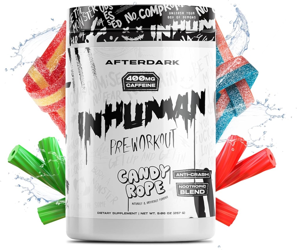 APRÈS INHUMAN Poudre de pré-entraînement, meilleure connexion entre l'esprit et le muscle, énergie durable, mélange nootrope, végétalien, sans gluten, sans soja, 400 mg de caféine, sans crash, corde de bonbons