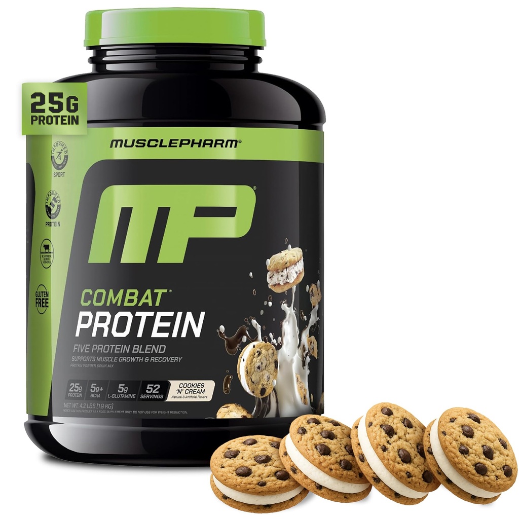 MusclePharm Combat Protéines Poudre, Cookies «N» Saveur de crème, Carburants Muscles pour des entraînements productifs, 5 Sources de protéines, y compris l'isolat de protéines de lactosérum et l'albumine d'oeuf, sans gluten, 4 lb, 52 portions