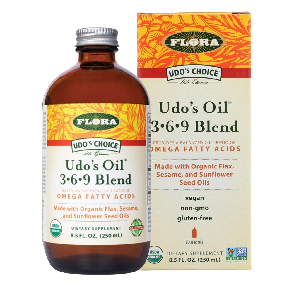 Flora - Udo's Choice Omega 369 Ölmischung, hergestellt mit Bio-Flucken, Sesam & Sonnenblume Samenöle, Pflanzenbasierte Vegan Omega-Fettsäuren, basierend auf Ideal 2:1:1 Ratio, 8,5-fl. oz. Glasflasche
