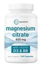 Micro Ingredients Magnesium Citrate 400mg, 240 Kapseln | mit Vitamin D3 1000IU & B6 | Muskel, Herz & Verdauungs-Gesundheit | Elemental Mineral & Vitamine Complex | Non-GMO
