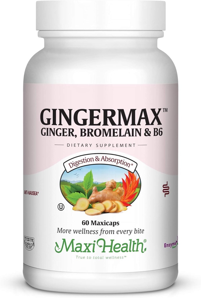 Maxi Health Gingermax - Ginger - Bromelain & Vitamin B6 - Verdauungsgesundheit - 60 Kapseln - Kosher