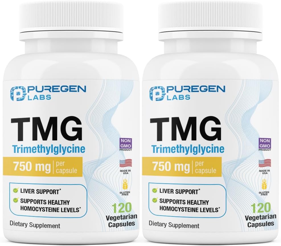 Puregen Labs TMG 750 mg – [High Potency] Trimethylglycine Supplement – Ermutigt gesunde Homocystein Levels, Non-GMO, NO Gluten und Dairy | Made in USA - 2 Pack - Insgesamt 240 vegetarische Kapseln