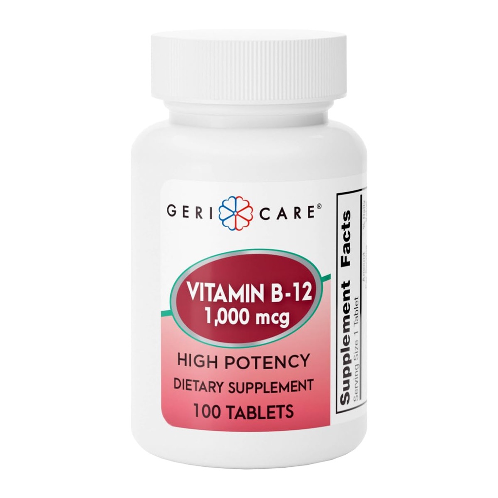 GeriCare Vitamin B-12 1000mcg High Potency Tablets, Premium-Diäten-Ergänzung für Boosting Energy, Unterstützung der Gehirngesundheit und Aufrechterhaltung eines gesunden Nervensystems 100 Count (Pack von 1)