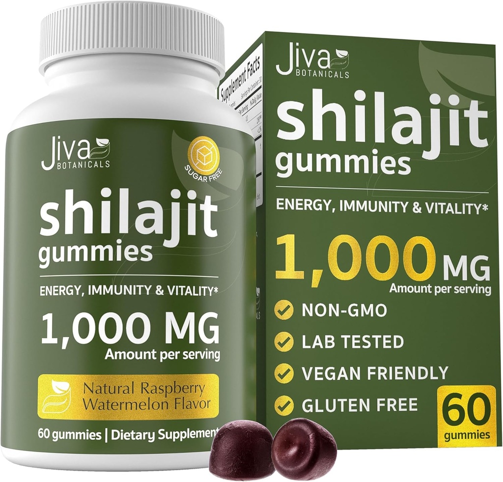 Jiva Botanicals Pure Shilajit aus den Himalaya-Gummien für Männer und Frauen - Shilajit Gummies 1000mg für gesundes Altern, Immunsystem und normale Energieunterstützung - Sugar-Free, Vegan, 60 Count (Pack von 1)