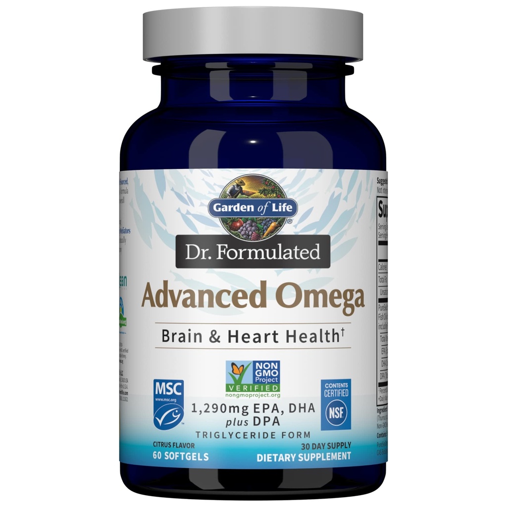 Garten des Lebens Dr. Formuliert Erweitertes Omega-Fischöl - Zitrone, 1.290mg EPA, DHA + DPA in Triglyceridform, Omega-3-Supplement für ultimative Gehirn- und Herzgesundheit, Nicht-GVO, 60 Softgels