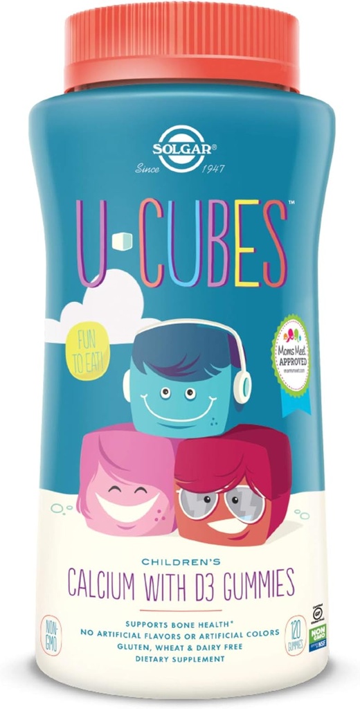 Solgar U-Cubes Kinder Kalzium mit Vitamin D3, 120 Gummi - Erdbeeren Geschmack - Unterstützt Knochen und Zähne Gesundheit - Non GMO Gluten Free, Dairy Free - 60 Servier