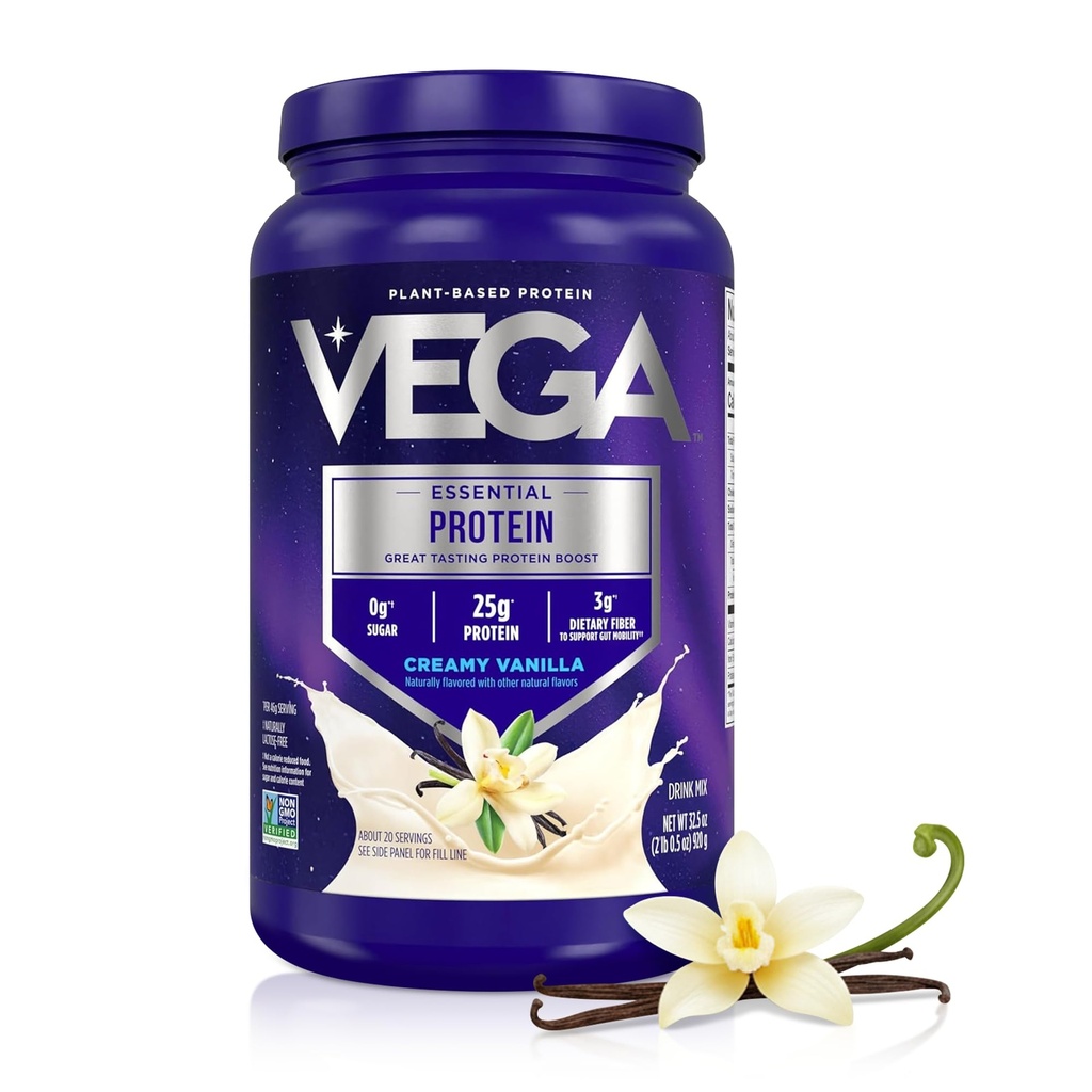 Vega Original Essential Protein - 25g Pflanzenbasiertes Protein, Creamy Vanilla, 20 Portionen, Vegan Non-GMO Drink Mix, Smoothie & Shake Ready, Glutenfrei, Dairy Free, 32.5oz (Packaging May Vary)