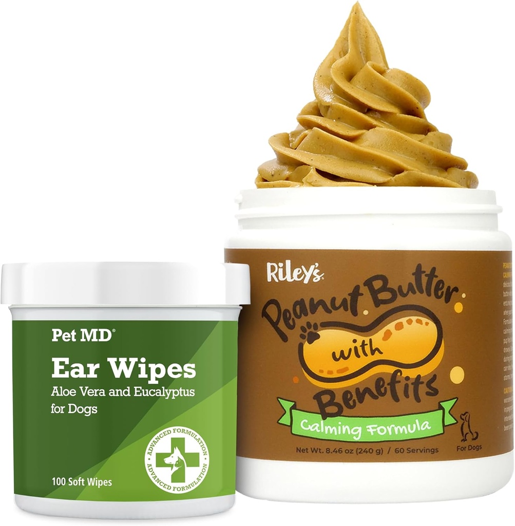 Pet MD Hund Ohr Reiniger Wipes + Riley's Calming Peanut Butter für Hunde