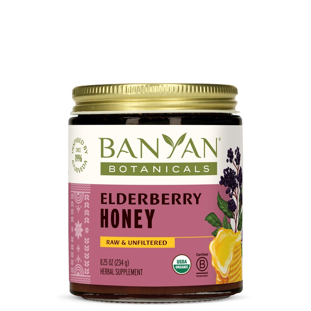 Banyan Botanicals Organic Elderberry Honey – Mit Sambucus, Amla & Marshmallow -- Elderberry Immune Unterstützung für Kinder & Erwachsene* – 8.25 Oz – Roh, Unfiltriert, Pollinator-Friendly, Sustainable Sourced, Fair Wild