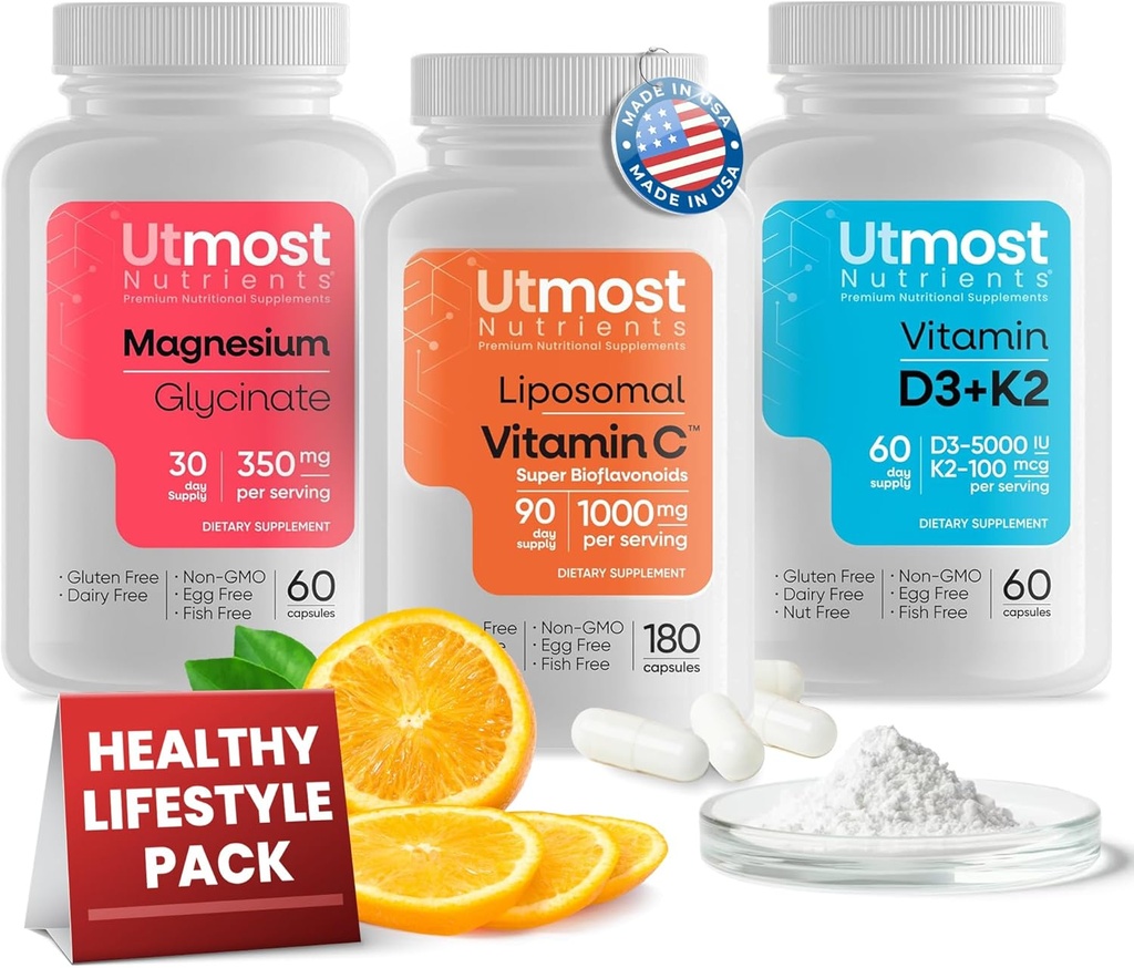 Liposomale Vitamin C mit Super Bioflavonoids 1000MG (180 Kapseln), Vitamin D3 mit K2 5000IU (60 Kapseln) und Magnesium Glycinat 350MG (60 Kapseln) – Non-GMO, Glutenfreies Supplem