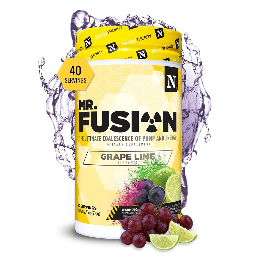 Nutrithority Mr.Fusion Pre Workout Supplement, Grape Lime, 40 Portionen - Intensive Fokus & Pumps, Nitric Oxide Booster, No Crash - Kraftvolles Energie-Pulver zur Erhöhung der Stärke & Gains