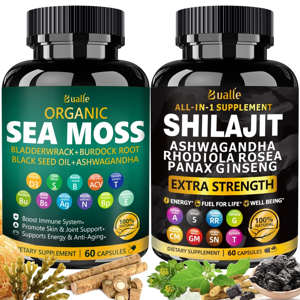 Bualle Sea Moss und Shilajit Bundle-Sea Moss 300mg,Black Seed Oil 100mg,Ashwagandha 50mg,Ginger & Shilajit 300mg,Rhodiola Rosea 100mg,Panax Ginseng 50mg,Alle in 1 Beilagen-USA Made(2 Pack)