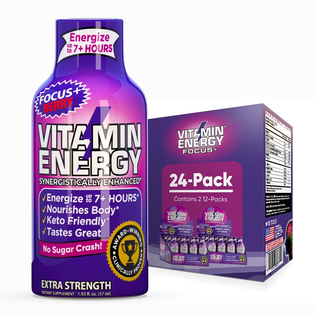 Vitamin Energy Focus+ Extra Strength Energy Shot Berry 24 Pack, 260mg Natürliche Koffein, B-Vitamine, CoQ10, Aminosäuren, Fokus, Produktivität & Clarity, Zero Sugar, Glutenfrei, 1,93 fl oz