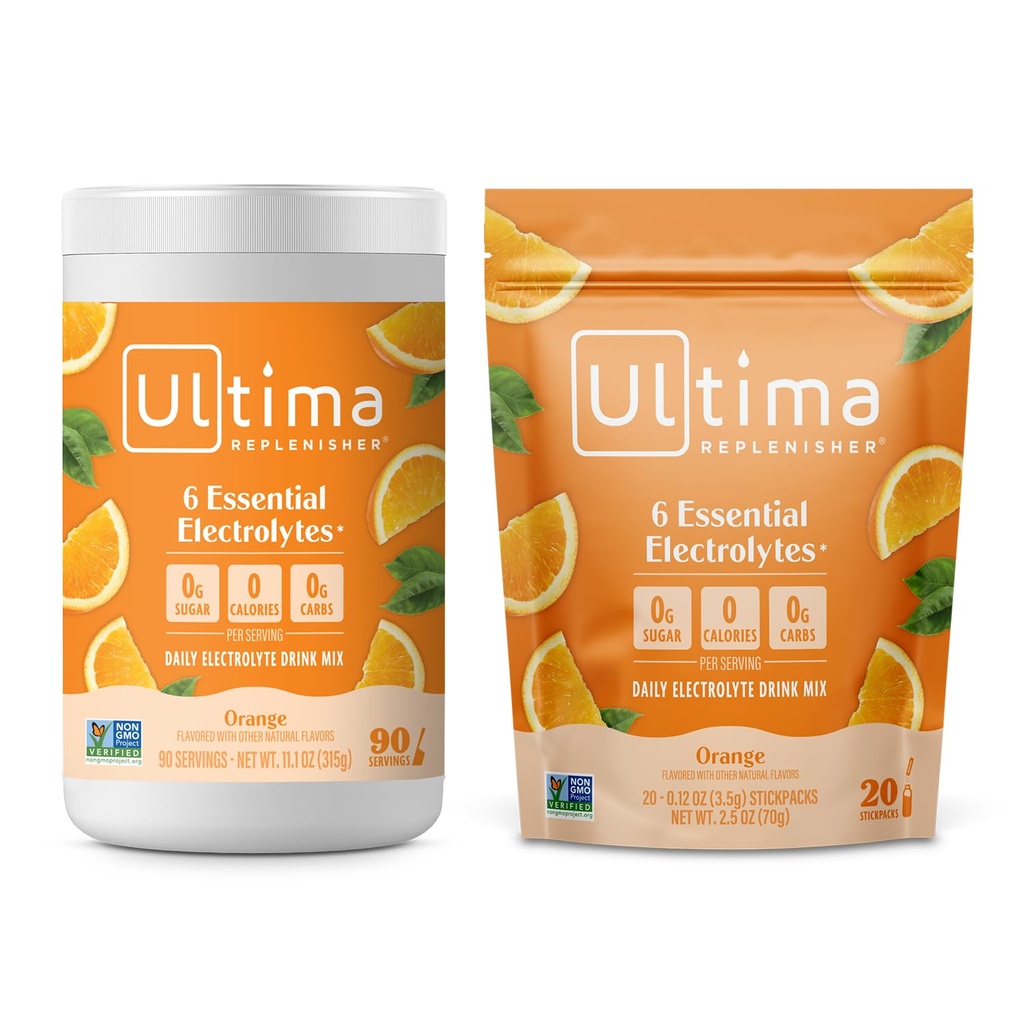 Ultima Replenisher Electrolyte Powder Drink Mix Bundle – Sugar Free – Orange, 90 Serving Canister and 20 Stickpacks – 6 Electrolytes and Minerals – Keto Friendly, Vegan, Non-GMO