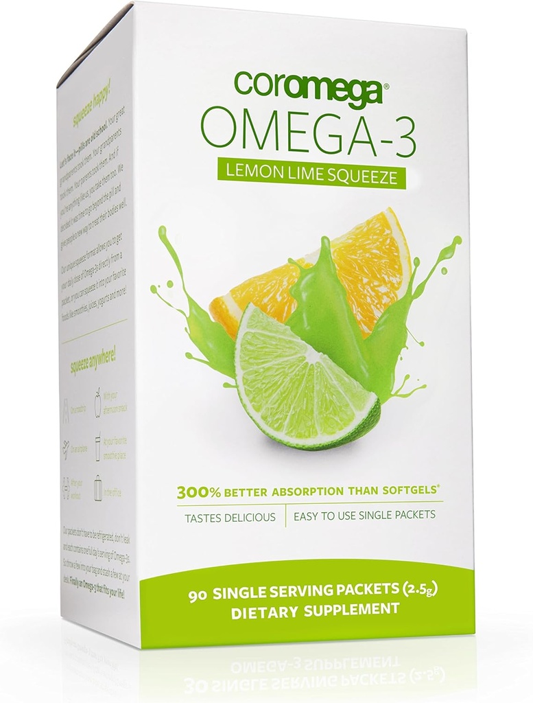 Coromega Omega 3 Fischöl-Ergänzung, 650mg Omega-3s mit 3X besserer Absorption als Softgels, Zitronen-Limous Flavor, 90 Single Serve Squeeze Packets