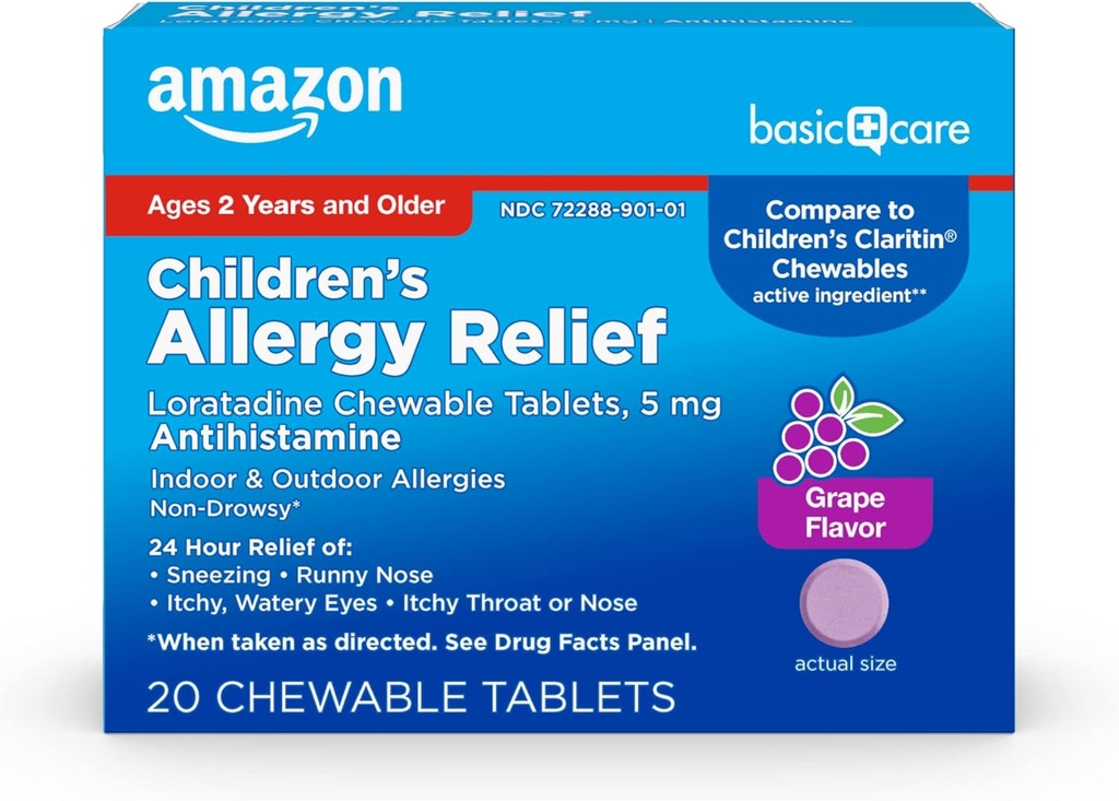 Basic Care Kinder Allergy Relief, Loratadine Kautabletten, 5 mg, Grape Flavored, Alter 2 und bis, 20 Count
