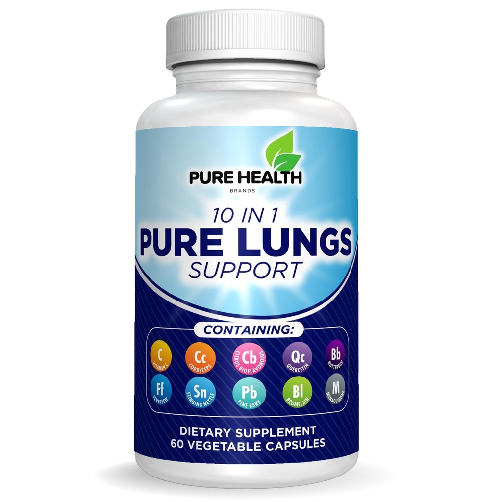 Pure Lungs Support – 10-en-1 Lung Cleanse & Detox Supplément pour les fumeurs et la santé respiratoire – avec Quercetin, NAC, Cordyceps, Pine Bark, Vitamine C & Butterbur – 60 Capsules