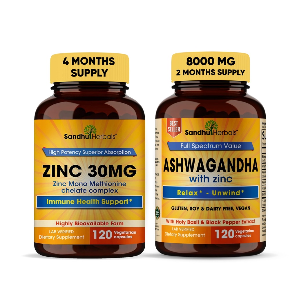 Sandhu Kräuter Zink 30mg Beilage und Bio 4 in 1 Ashwagandha Kapseln mit Zink| Unterstützt gesunde Haut, Immunsystem| Non-GMO