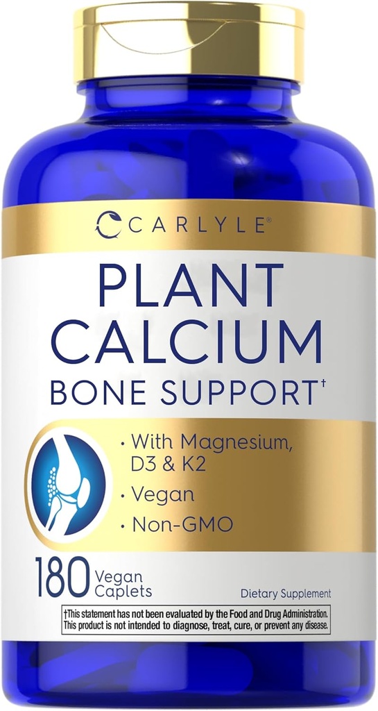 Carlyle Pflanze basiertes Kalzium mit Vitamin K2, D3, Magnesium | 180 Vegan Caplets | Knochenstärke Supplement | Non-GMO, & Glutenfrei