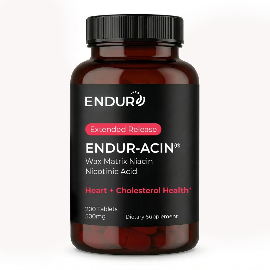 ENDUR-ACIN Niacine, supplément santé cardiaque et équilibre du cholestérol, libération prolongée pour absorption optimale, sans gluten, 500mg (200 comprimés)