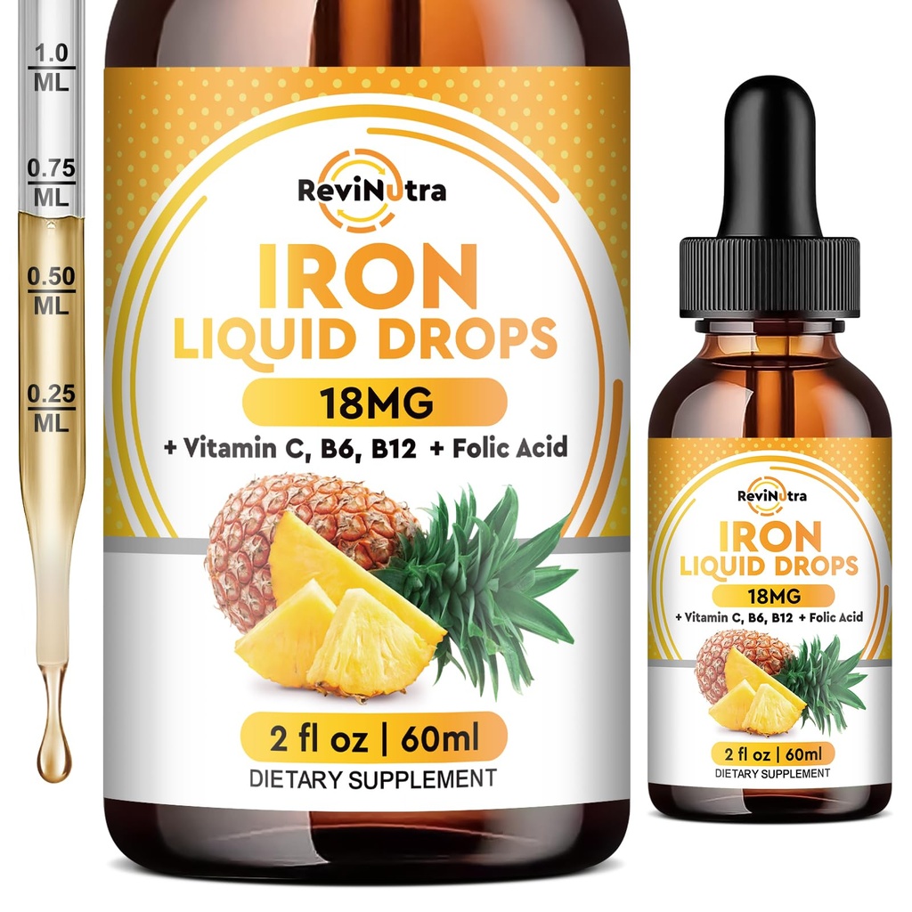 Flüssige Eisen-Ergänzung für Frauen, Männer & Kinder, Flüssige Eisen Tropfen mit Folat, Vitamin C, B6, B12 für Anämie, Rote Blutzelle, Energieunterstützung, Ananas Flavor, 2 Fl Oz
