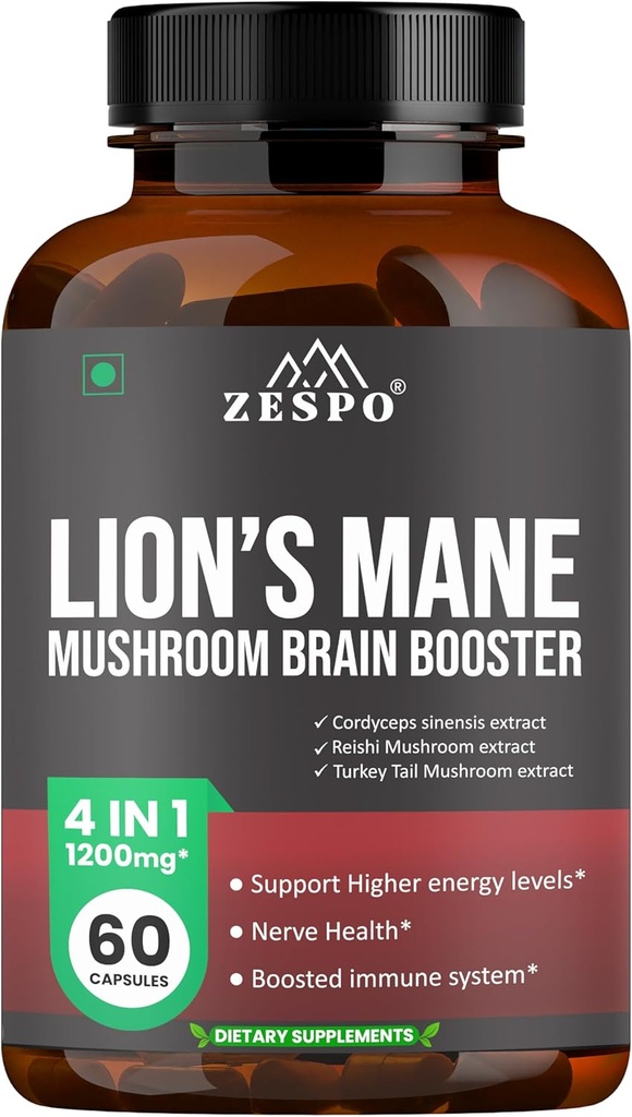 Lion’s Mane Mushroom Complex – 1200mg Gehirn Ergänzung für Gedächtnis, Fokus & Klarheit mit Reishi & Cordyceps Sinensis – 60 Kapseln
