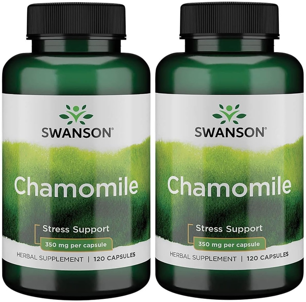 Swanson Camomile Stress Support - Made with German Camomile Flower - Supplément à base de plantes pour promouvoir le stress, la relaxation et le sommeil - Aide le corps et l'esprit facile - (120 Capsules), 2 Pack