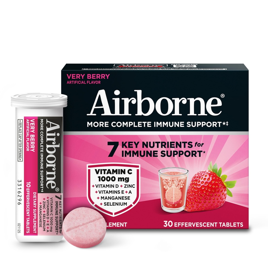 Airborne 1000mg Vitamin C with Vitamin D + Zinc Sugar Free Multivitamin Immune Support Effervescent Fizzy Drink Tablets, Very Berry Flavor with Powerful Antioxidants VIT A C & E, 30 Tablets