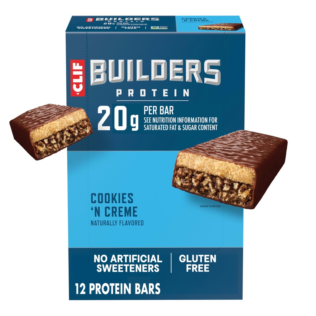 CLIF BUILDERS Protein Bars - Cookies 'n crème saveur - 20g Protéine végétale - Sans gluten - Non-OGM - Faible glycémique - Pas d'édulcorants artificiels - 2,4 oz. (12 Pack)