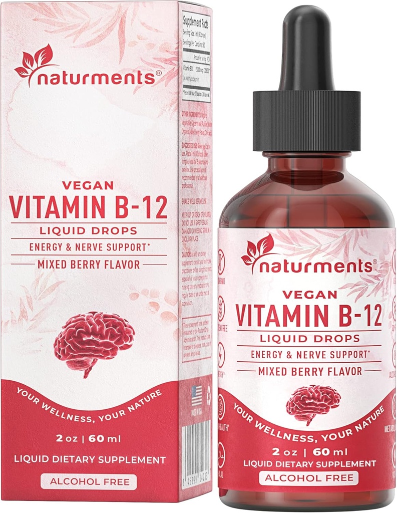 Naturations Vitamine B12 5000 mcg gouttes liquides organiques: Énergie et soutien nerveux- Sans alcool végétalien, non-OGM, sans sucre 2 Fl Oz