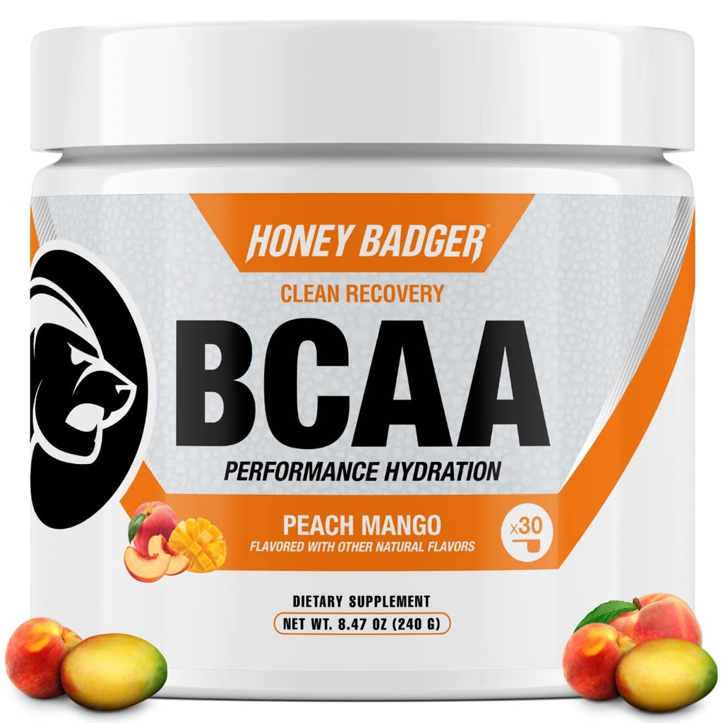 Honey Badger BCAA + EAA Aminosäuren Pulver, BCAAs + L-Glutamin, Keto, Vegan, Zucker frei für Männer und Frauen, Hydration & Post Workout Muskel-Recovery-Mix, Peach Mango, 30 Servierungen