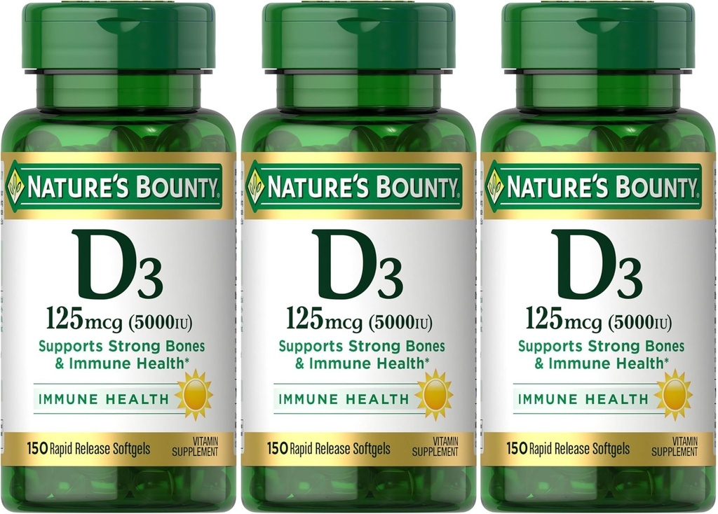 Natur Bounty Vitamin D3 125 mcg-5000 IU Softgels, Maximale Stärke 150 ea (Pack mit 3)