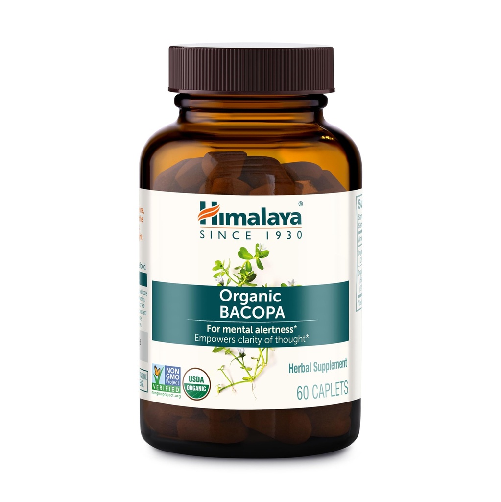 Himalaya Bacopa Monnieri Nootropic Kräuter-Ergänzung, unterstützt Beruhigung, Gedächtnis, Kognition, USDA Certified Organic, Non-GMO, 750 mg, 60 Plant-Based Caplets, 60 Day Supply