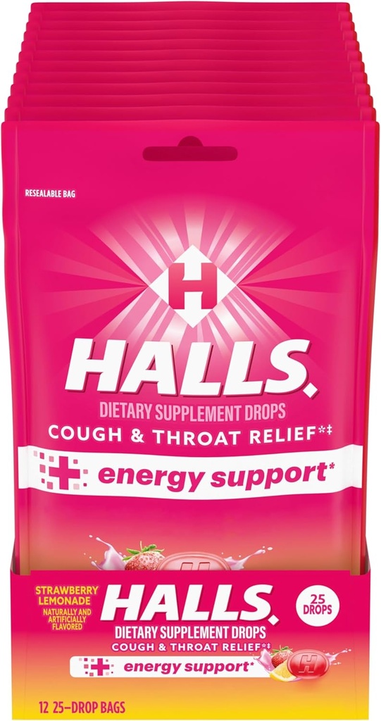 HALLS Relief + Energieunterstützung, Erdbeer-Lemonade-Cough Drops, 12 Beutel mit 25 Tropfen (300 Gesamttropfen)