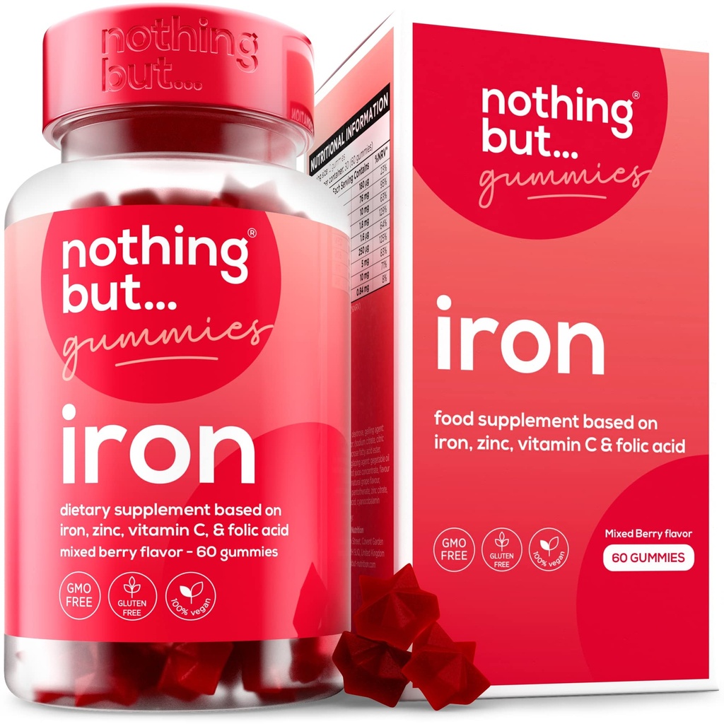 Frauen und Männer Natürliche Eisen-Ergänzung | eine leckere gemischte Berry Flavor | Kaubare Vegan Eisen-Ergänzungen w/Vitamin C, Zink, Folsäure & B Vitamine | 60 Eisen Gummie | Anämie