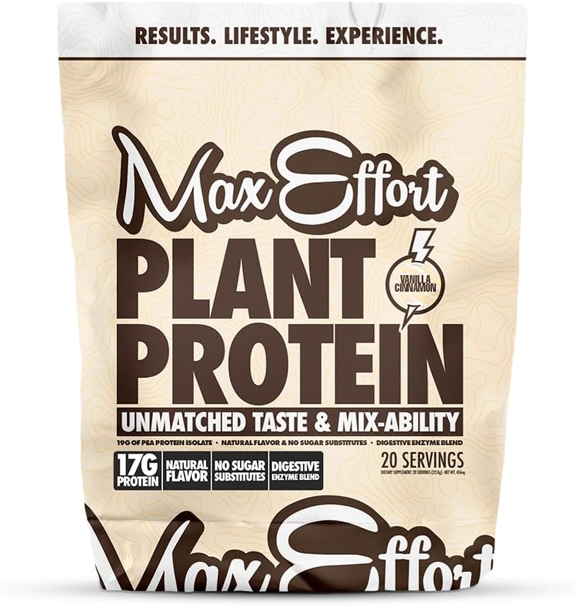 MAX EFFORT Pflanzenprotein Pulver, 17 G Pea Protein, Pflanzenbasiert, Glutenfrei, Low Carb, Protein Shake oder Smoothie Mix, Meal Replacement, No Whey, No Sugar Substitutes, Vanilla Cinnamon, 20 Srvg