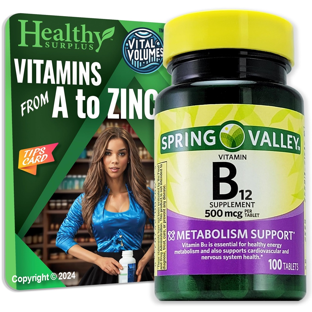 Healthy Surplus Vitamin B12 Ergänzung Tabletten 500 mcg 100 Tabletten und Vital Volumes Tipps Karte