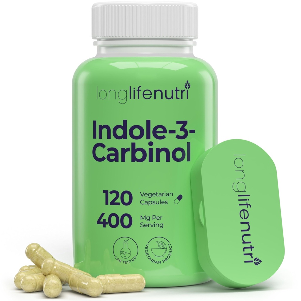 LongLifeNutri Indole-3-Carbinol 400mg - 120 Capsules végétariennes, 4 mois d'approvisionnement, complément biologique pour l'équilibre hormonal et la santé cellulaire, laboratoire testé, fabriqué aux États-Unis