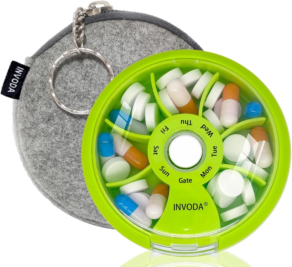 INVODA Wöchentliche Pille Organizer 7 Kompartment rotierende Pille Box für tägliche Medikamente & Vitamine - Tragbare Reise Pille Fall Fischöl ergänzt Vitamine Organizer (Green+Bag)