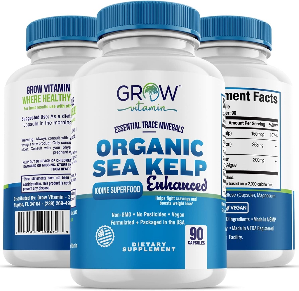 Organic Sea Kelp (Icelandic) Enhanced - Pure Healthy Thyroid Support Natural Iodine Supplement w/Organic Sea Kelp, Blue-Green Algae & Red Algae - Immunsystem & Stoffwechselunterstützung - 90 Kapseln