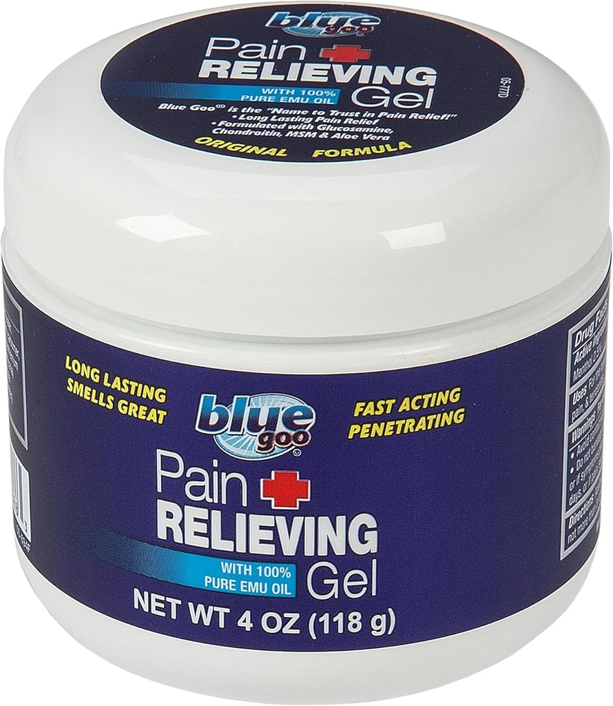Blue Goo Pain Relieving Gel – Relief für Rücken, Neck, Muskel und Gelenkschmerzen, Schnell-Aktualisierung und beruhigendes Relief mit 100% reines Emuöl, 4 oz (1 Pack)