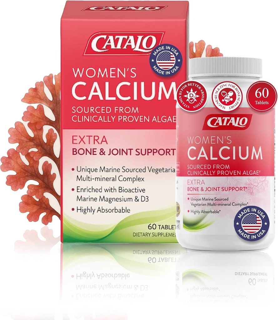 CATALO Calcium pour femmes avec des algues rouges AquaminTM - Supplément de calcium marin à base végétale avec vitamine D3, magnésium et zinc - Formule d'absorption élevée - 60 comprimés