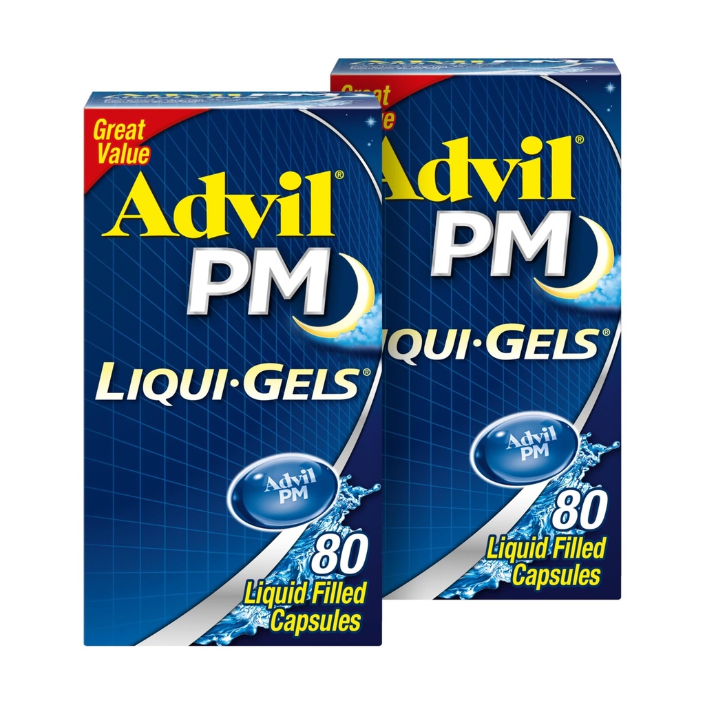Advil PM Liqui-Gels analgésique et aide au sommeil de nuit, médicament contre la douleur avec Ibuprofène pour soulager la douleur et Diphenhydramine HCL pour aide au sommeil - 2x80 Capsules remplies de liquide