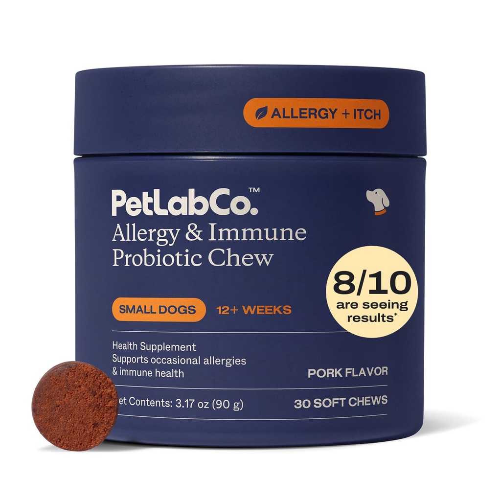 PetLab Co. Allergies et immunitaires probiotiques quotidiens pour chiens. Supporte la production de levures, allergies saisonnières, Itchiness intermittente, Gut et santé digestive - 30 Chews pour petits chiens - Emballage May Vary