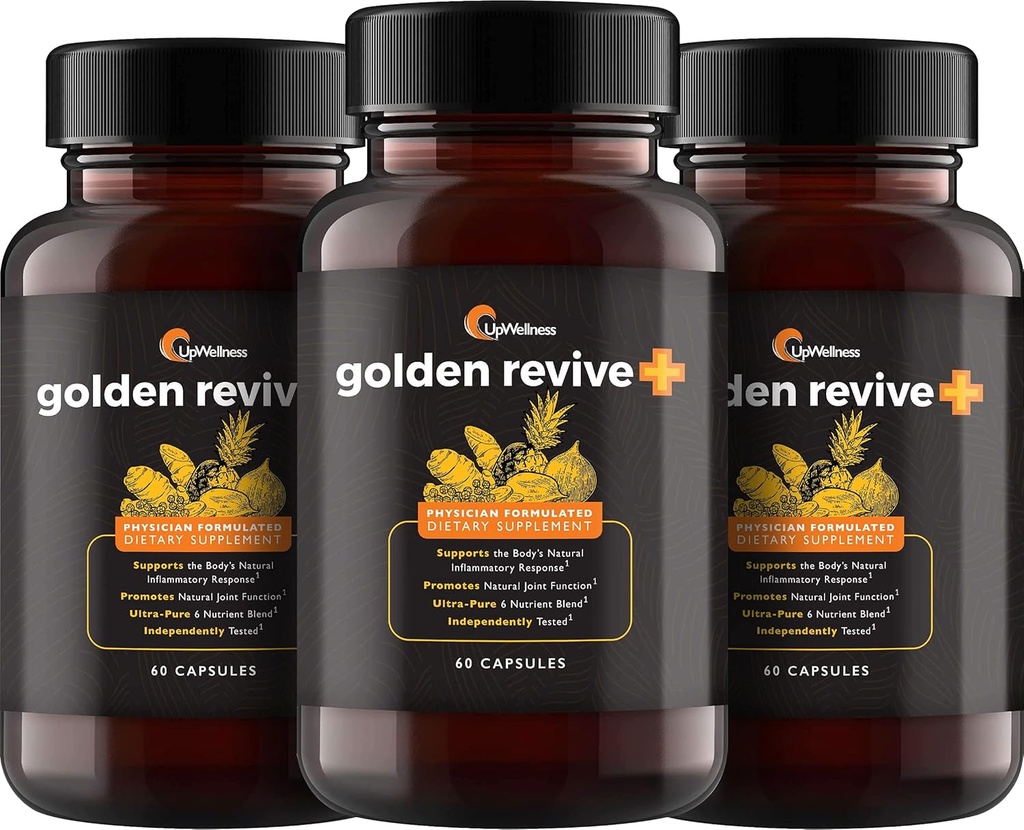 UpWellness Golden Revive + Joint Support Supplement mit Kurkuma mit schwarzem Pfeffer, Quercetin und Magnesium-Turm Boswellia Supplement - 6 Wirkstoffe - 60 Kapseln, 3 Packung