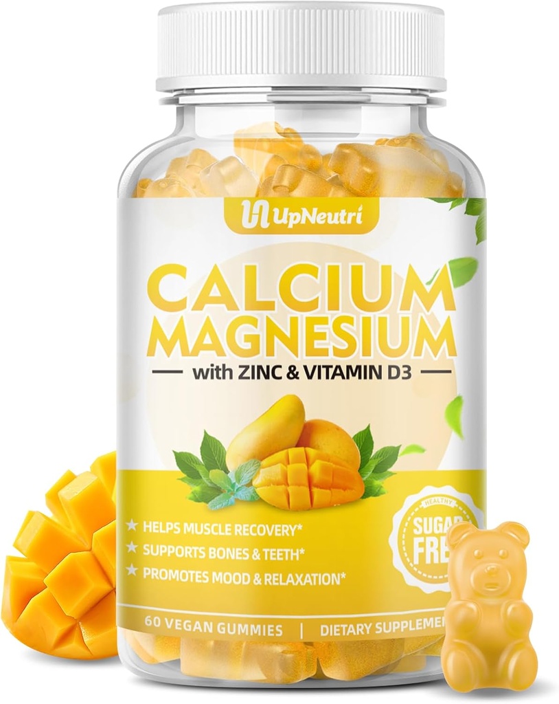 Calcium Magnesium Zink mit Vitamin D3 Beilage, Zucker freie Calcium-Gummi für Frauen Männer, hohe Absorption Zink-Gummi für Knochen & Muskel & Immun Gesundheit, Vegan Mango Flavor - 60 Count