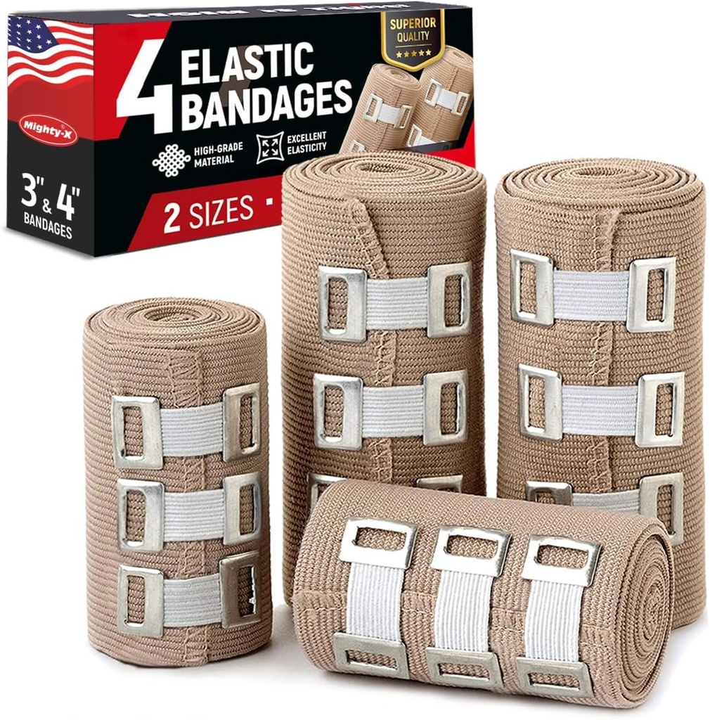 Premium Elastic Bandage Wrap - 4pk (2x3in, 2x4in) + 12 Extra Clips - Strong Compression Bandage Wrap für Handgelenke, Knöchel, Füße und Knie