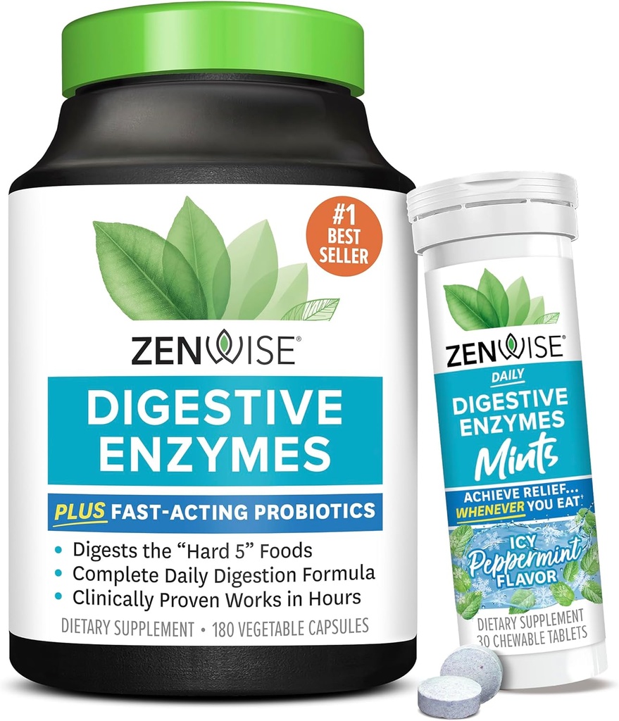 Zenwise Health Digestive Enzyme und Peppermint Chewable – Verdauungsenzyme, Probiotische Multienzyme mit Probiotika für Frauen und Männer in Kapseln und Bequem Chewable Peppermint