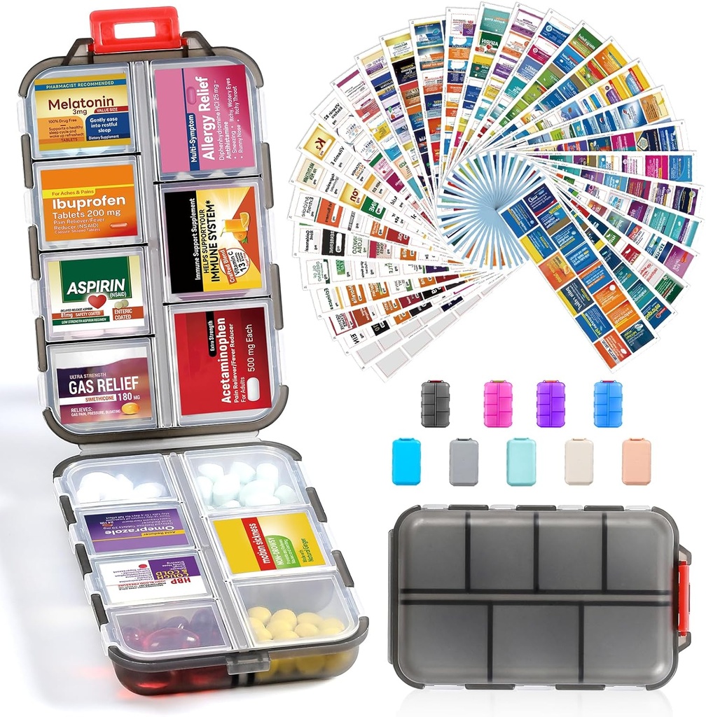 14 Grids Travel Pill Organizer Box mit 415-Pcs Medizin Name Labels - Pocket Daily Pharmacy Case Container Kit - Travel Medication Holder Dispenser für Fish Oil Vitamin Supplement Storage -Clear Grey